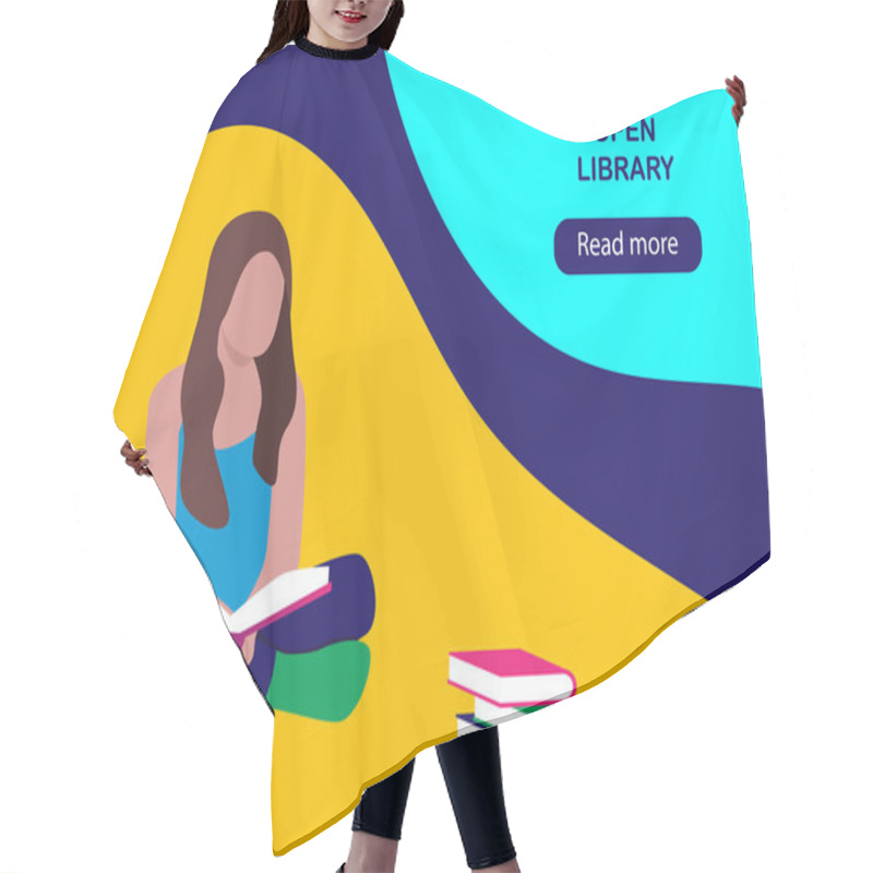 Personality  Girl In Library Reading Book - Banner In Flat Style. Vector Illustration Hair Cutting Cape