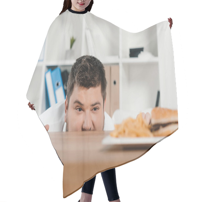 Personality  Overweight Businessman Looking At Hamburger And French Fries At Workplace Hair Cutting Cape