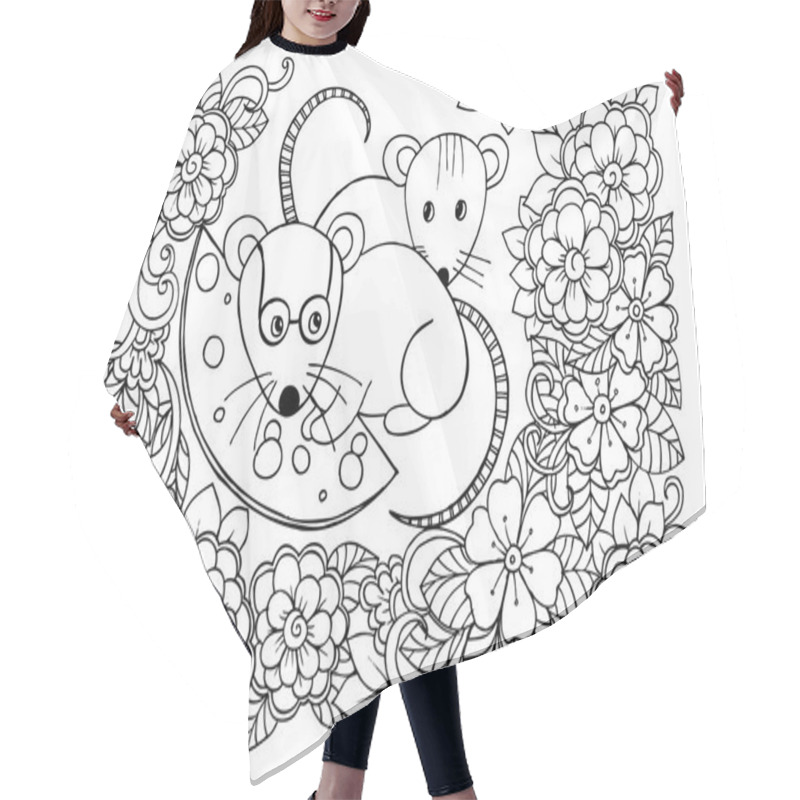 Personality  Funny Mouses With Cheese On A Doodle Flowers Hair Cutting Cape