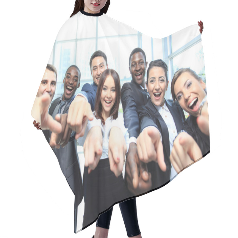 Personality  Portrait Of Excited Young Business Pointing At You Hair Cutting Cape