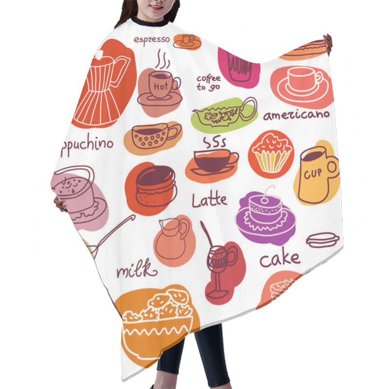 Personality  Coffee Cups And Sweet Cakes And Macaroons Set. Hair Cutting Cape