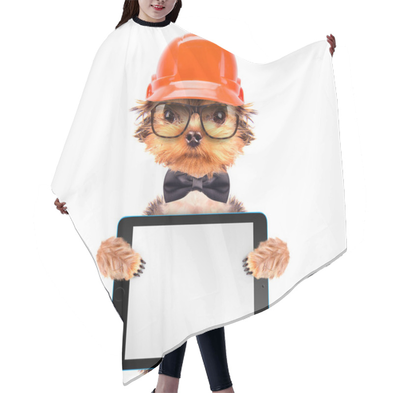 Personality  Dog  Dressed As Builder With Tablet Pc Hair Cutting Cape