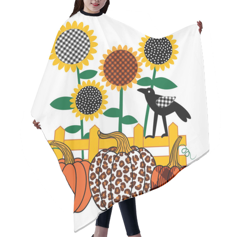 Personality    Sunflowers And Pumpkins (leopard, Plaid, Polka Dots) And A Crow On The Fence.  Vector Illustration. Applique Template. Farmhouse Decor. Hair Cutting Cape