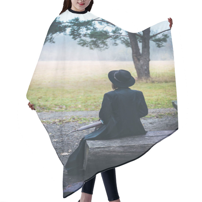 Personality  Girl In A Black Coat Sitting On A Wooden Bench Hair Cutting Cape