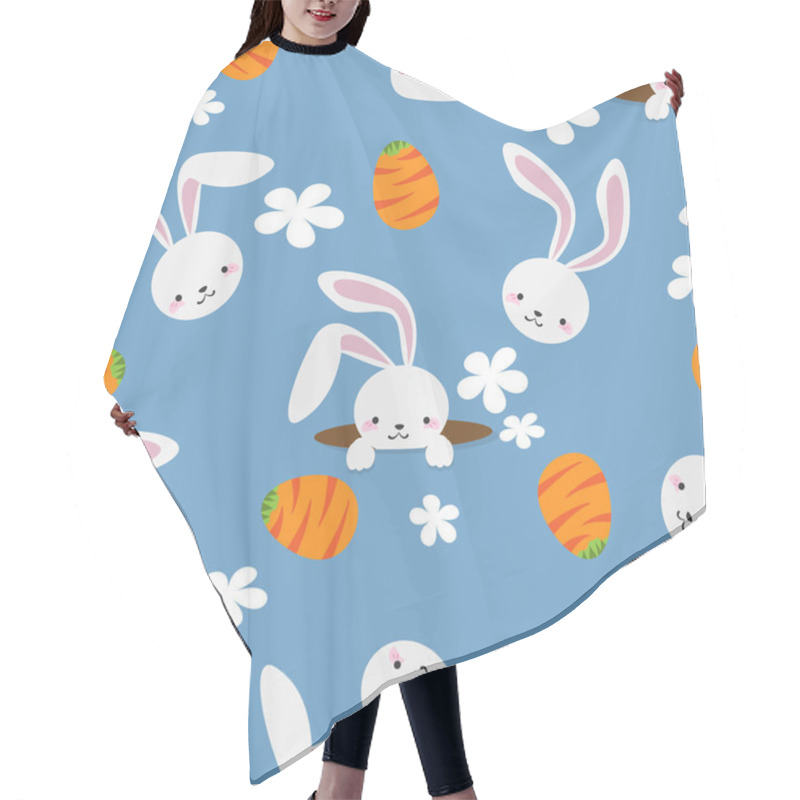 Personality  Happy Easter Seamless Pattern Of Cute White Rabbits With Easter Eggs Drawn As Carrots Pattern And White Flowers On Light Blue Background. Vector Illustration. Hair Cutting Cape