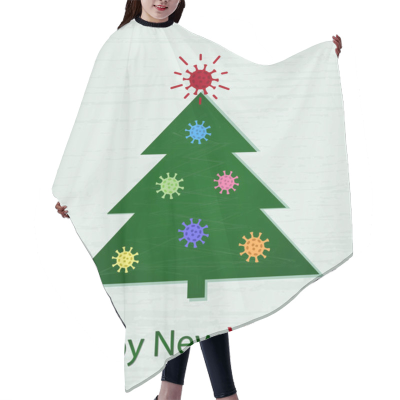 Personality  Joking Greeting Card. Inscription Happy New Variant Instead Of Happy New Year. Viruses On The Christmas Tree As Decorations Instead Of Christmas Toys. A Virus Instead Of A Star On Top Meaning Omicron Variant. Hair Cutting Cape