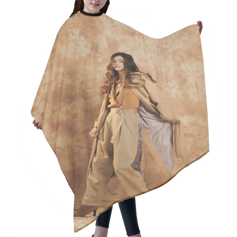 Personality  A Young Woman Exudes Confidence In Her Chic Autumn Outfit, Posing Gracefully Against A Textured Backdrop, Embodying Seasonal Elegance. Hair Cutting Cape