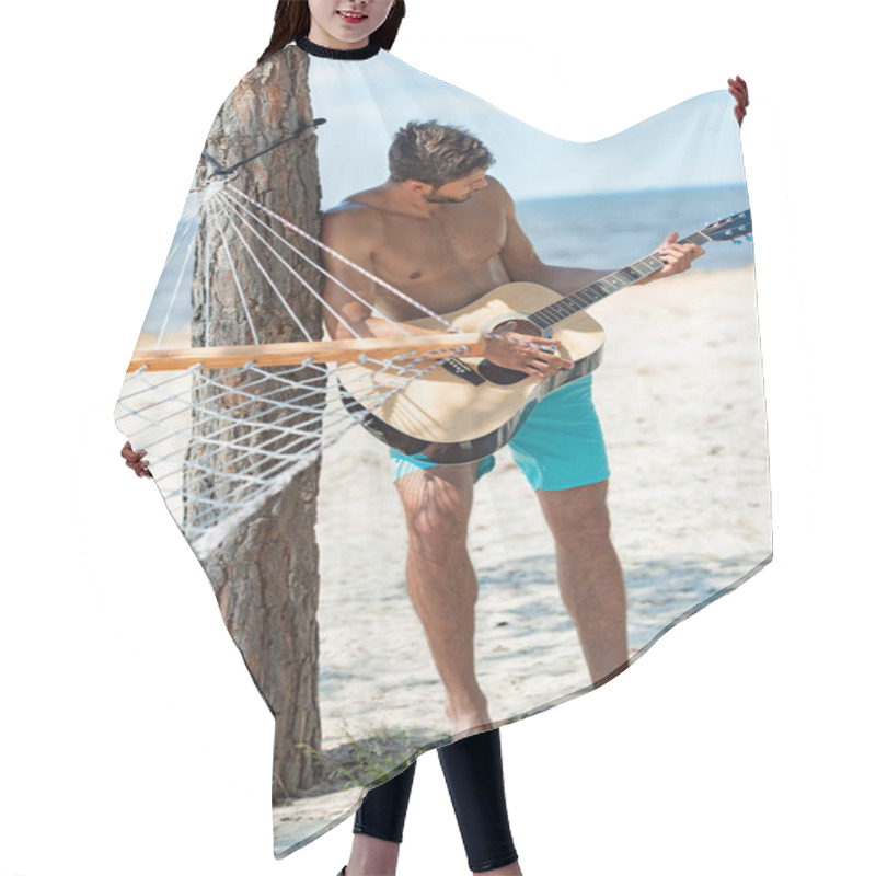 Personality  Young Shirtless Man Playing Acoustic Guitar On Beach Near Hammock Hair Cutting Cape