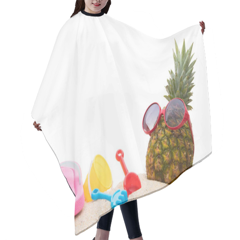 Personality  Natural Tropical Pineapple Wearing Sunglasses With Sandals And Beach Toys On The Sand Hair Cutting Cape