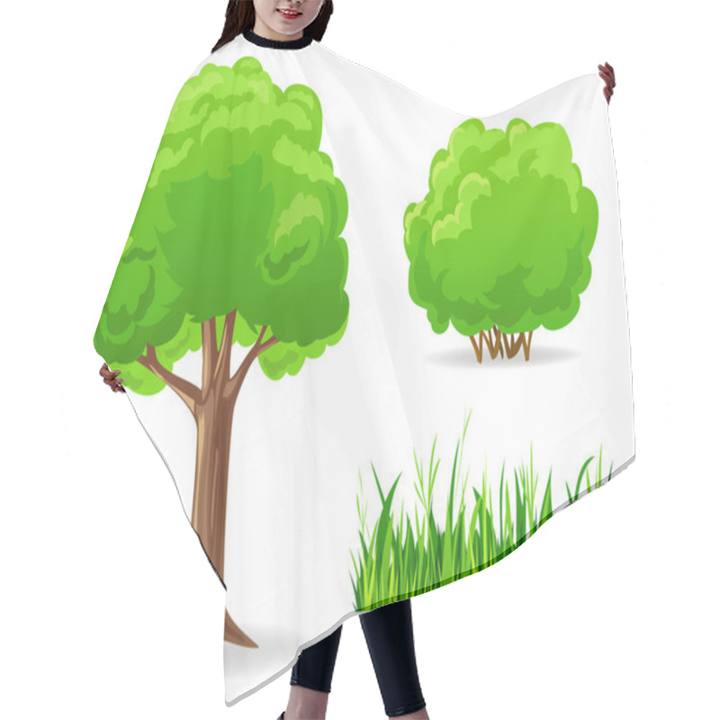 Personality  Set Of Cartoon Green Plants. Tree, Bush, Grass. Hair Cutting Cape