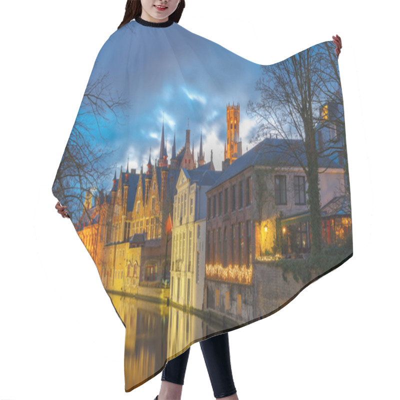 Personality  Night Cityscape With A Tower Belfort And The Green Canal In Brug Hair Cutting Cape