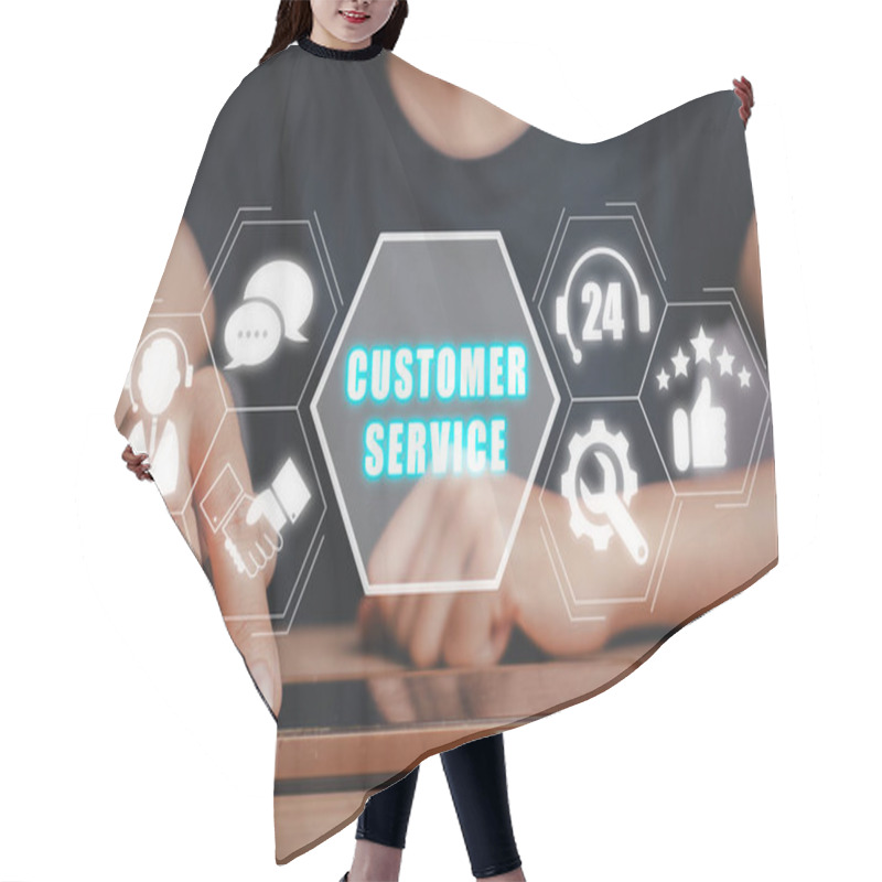 Personality  Customer Service Concept, Business Woman Using Smartphone With Customer Service Icon On Virtual Screen. Hair Cutting Cape