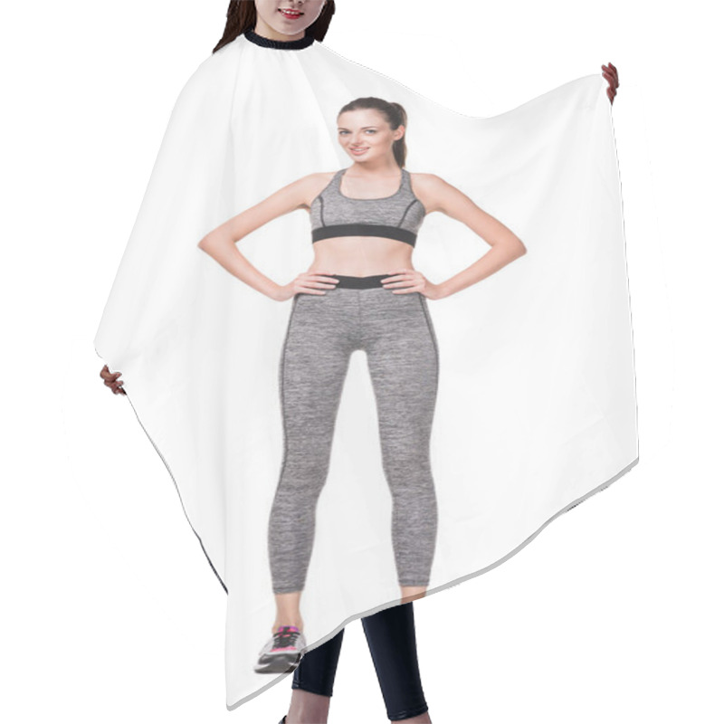 Personality  Happy Sportswoman With Hands On Waist Hair Cutting Cape