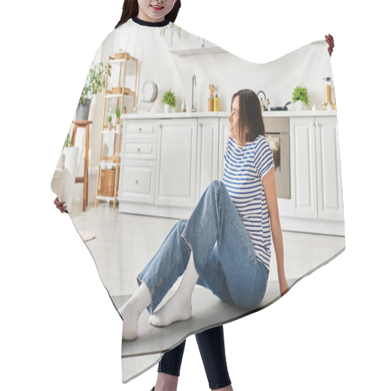 Personality  Mature Woman In Cozy Homewear Engaging In Yoga On A Mat In Her Living Room. Hair Cutting Cape