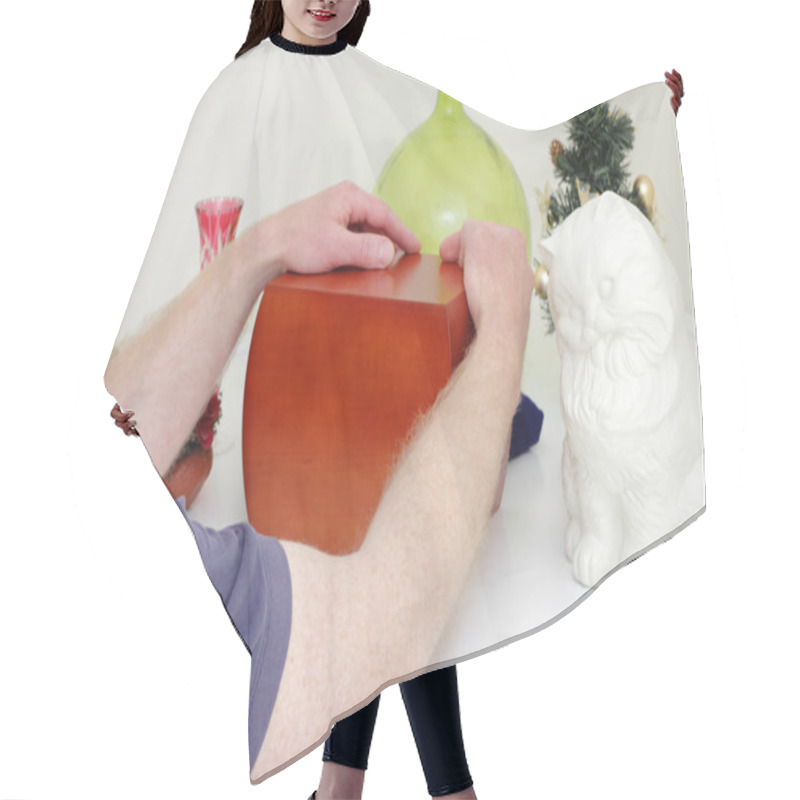 Personality  Man Holding A Wood Urn Hair Cutting Cape