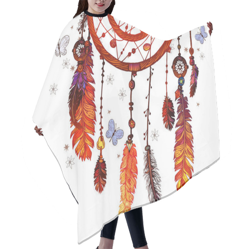 Personality  Background Of Textured Feathers And Crystals In Aztec Style. Border With Ornate Boho Vintage Style Summer T-shirt Design Hair Cutting Cape