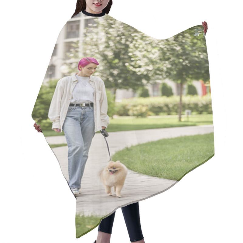 Personality  Trendy Purple-haired Woman With Funny Pomeranian Spitz On Roulette Leash Walking In Green City Hair Cutting Cape