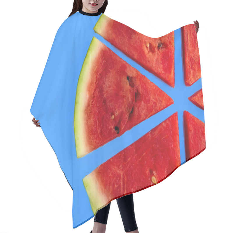 Personality  Slices Of Fresh Red Delicious Watermelon Are Laid Out In A Circle On A Colored Background. Hair Cutting Cape