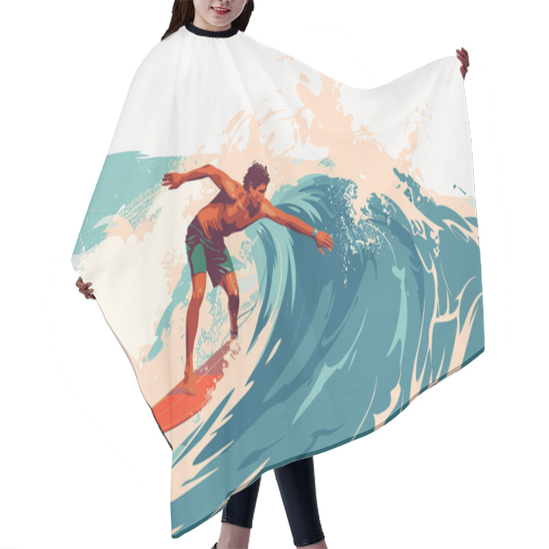 Personality  Young Man In Swimwear Surfing On Big Wave In Sea Or Ocean. Happy Surfer Vector Hair Cutting Cape