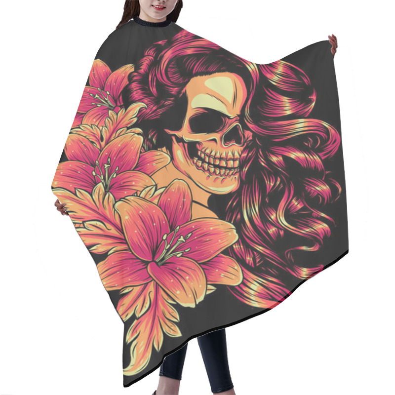 Personality  Vector Illustration Of Woman Skull With Flower Lily Hair Cutting Cape