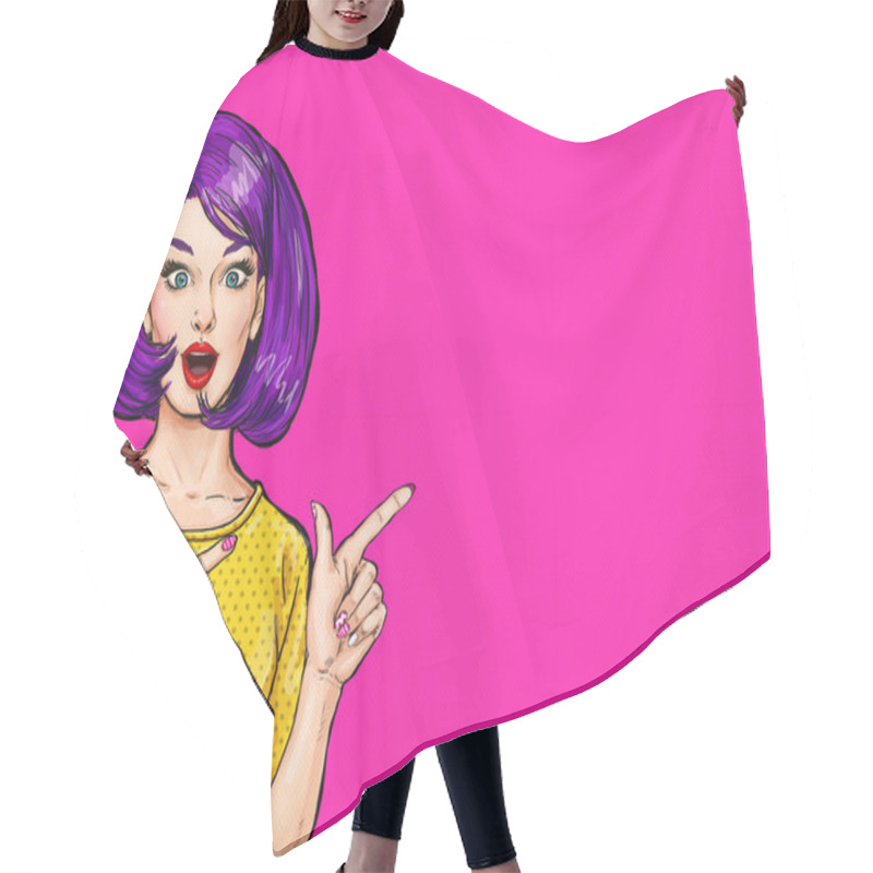 Personality  Pop Art  Surprised Woman Pointing Finger Showing Copy Space.Party Invitation. Birthday Greeting Card.Hollywood Movie Star.Vintage Advertising Poster. Fashion Woman . Sexy. Pointing Finger Up Hair Cutting Cape