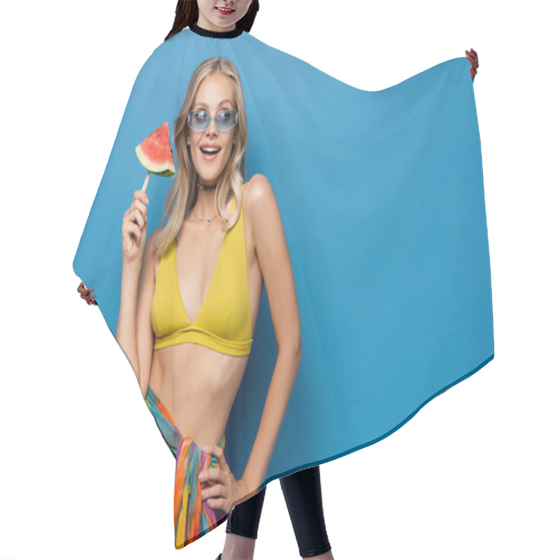 Personality  Happy Young Woman In Yellow Bikini Top Holding Popsicle Stick With Watermelon On Blue Hair Cutting Cape