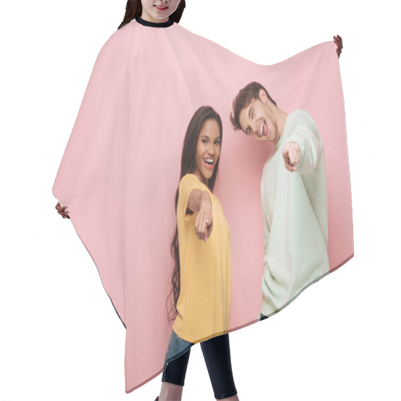 Personality  Excited Interracial Couple Pointing With Fingers At Camera On Pink Background Hair Cutting Cape