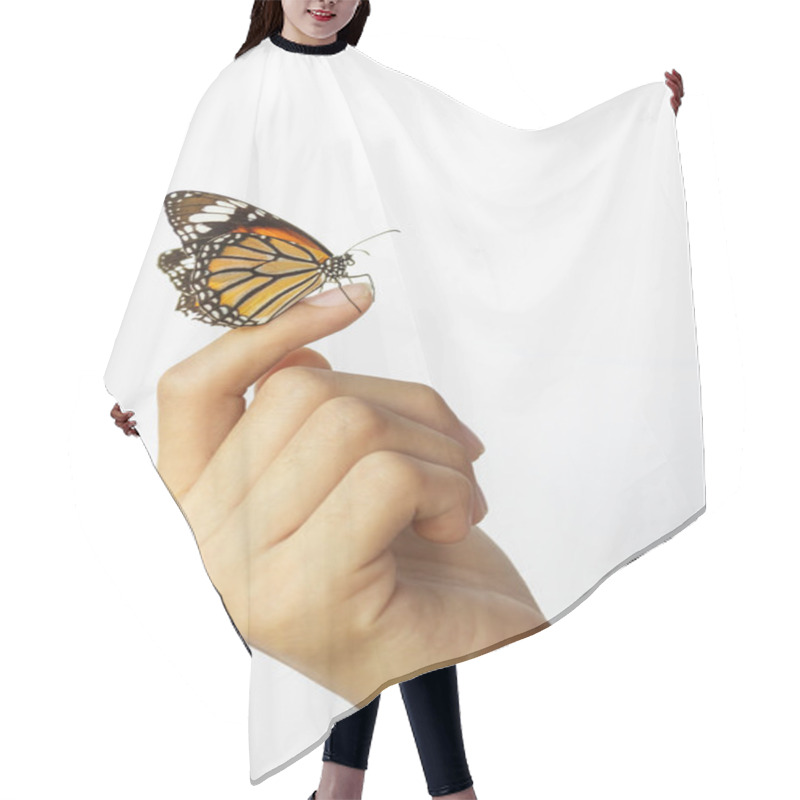 Personality  Beautiful Butterfly Sitting On The Girl Hand. Hair Cutting Cape