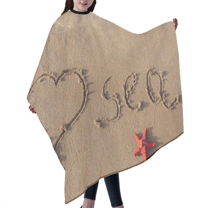 Personality  Top View Of Heart Sign With Lettering Sea And Red Starfish On Sand  Hair Cutting Cape