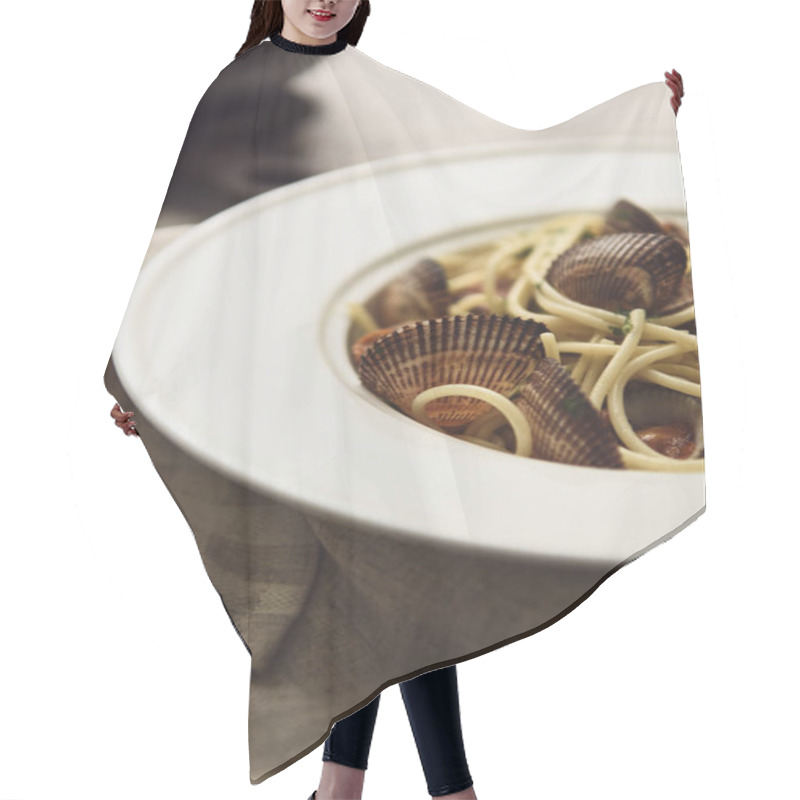 Personality  Close Up View Of Delicious Pasta With Mollusks On Napkin Hair Cutting Cape