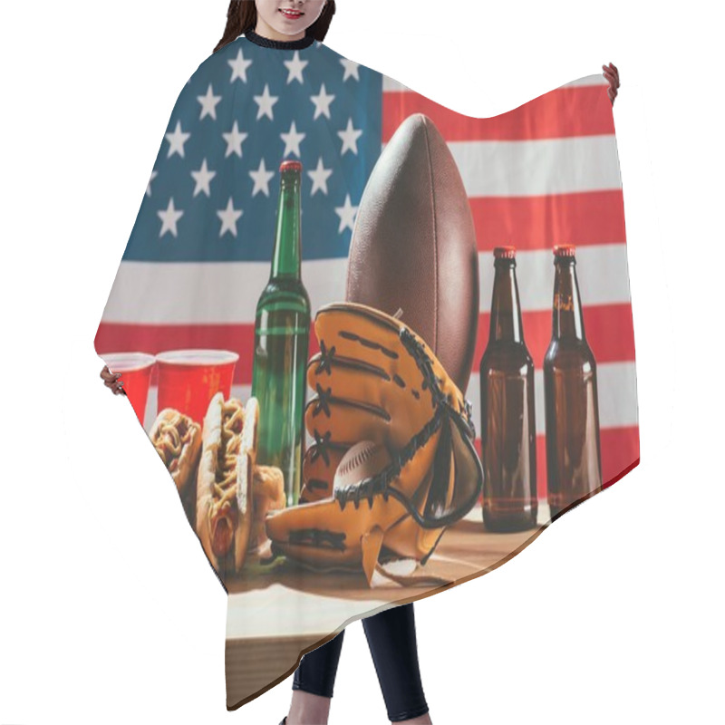 Personality  Close-up View Of Beer With Hot Dogs And Sport Equipment With Us Flag Behind   Hair Cutting Cape