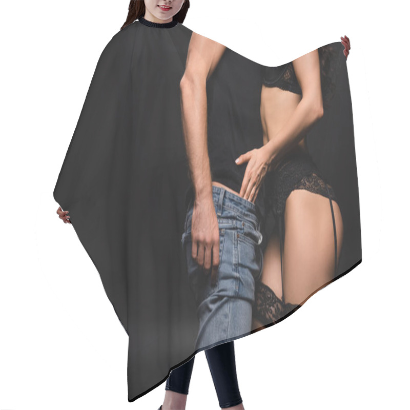 Personality  Cropped View Of Seductive Girlfriend In Black Lingerie Undressing Boyfriend On Black  Hair Cutting Cape