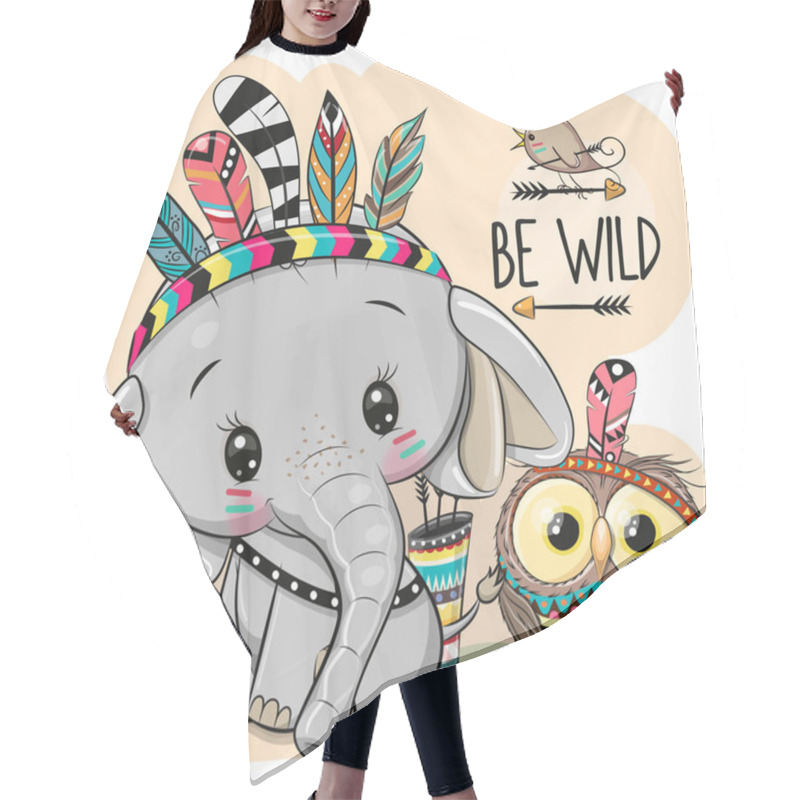 Personality  Cartoon Tribal Elephant And Owl With Feathers Hair Cutting Cape