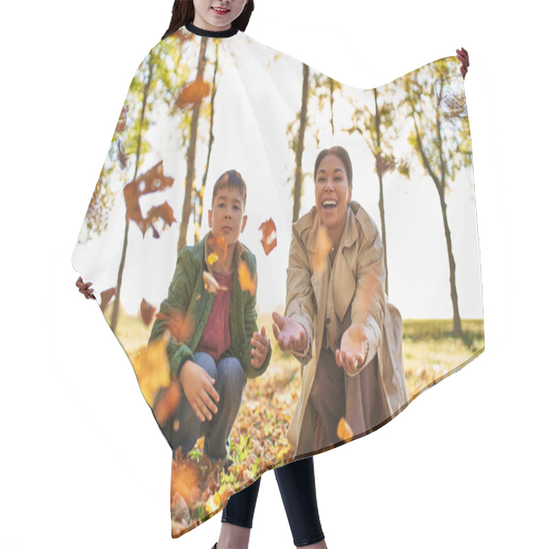 Personality  Happy Memories, Joyful Mother And Son Throwing Autumnal Leaves, Fall Season, African American Family Hair Cutting Cape