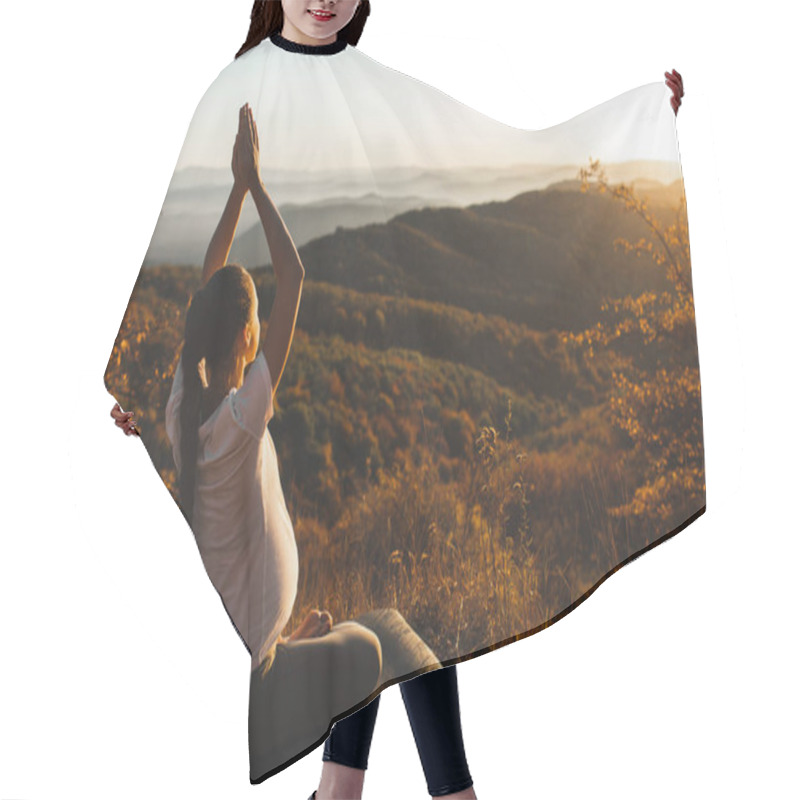 Personality  Spiritual And Emotional Concept Of Harmony With Nature In Maternity Time. Pregnant Woman Practicing Yoga Outdoors On Hill At Sunset. Amazing Autumn Mountain View. Hair Cutting Cape