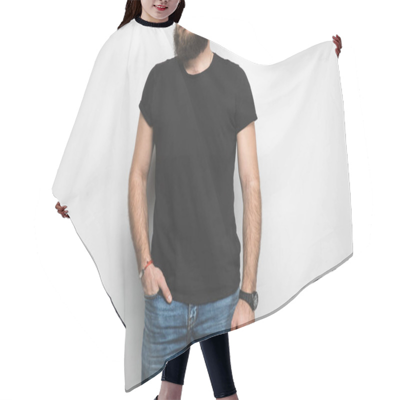 Personality  Cropped Shot Of Man In Black T-shirt Isolated On White Hair Cutting Cape