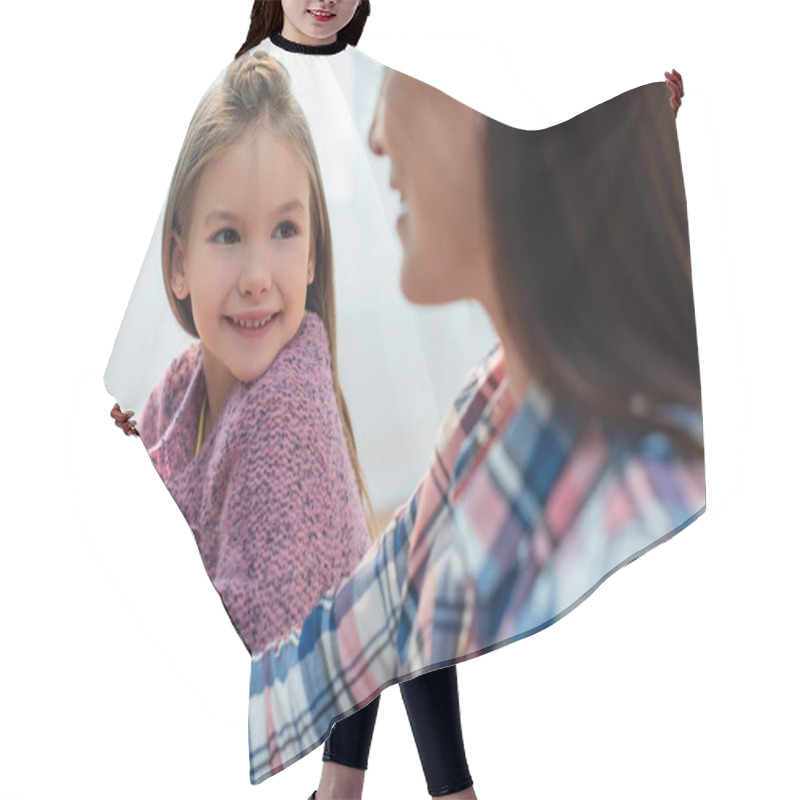 Personality  Smiling Daughter Looking At Blurred Mother On Foreground Hair Cutting Cape