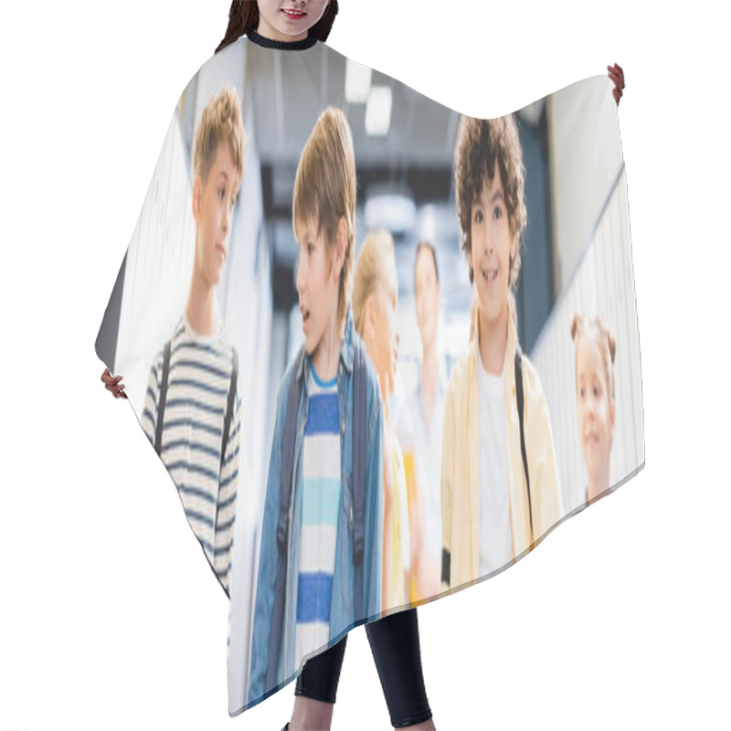 Personality  Horizontal Image Of Multicultural Classmates Walking Along School Corridor With Teacher On Background Hair Cutting Cape