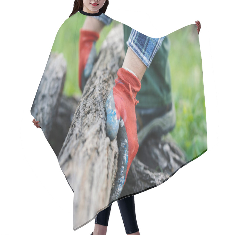 Personality  Close Up On Midsection Of Unknown Man Wearing Protective Working Gloves Holding A Log Tree Trunk Picking Up Or Putting Down In Yard Outdoor In Day Low Angle View Hair Cutting Cape