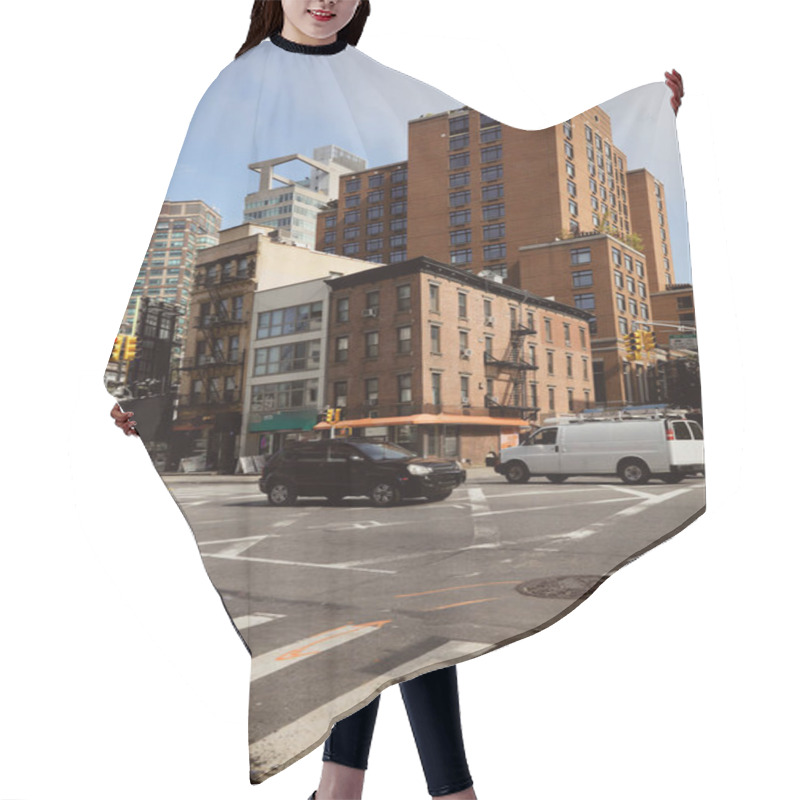 Personality  Cars Moving On Traffic Intersection With Crosswalk On Wide Avenue In Downtown Of New York City Hair Cutting Cape