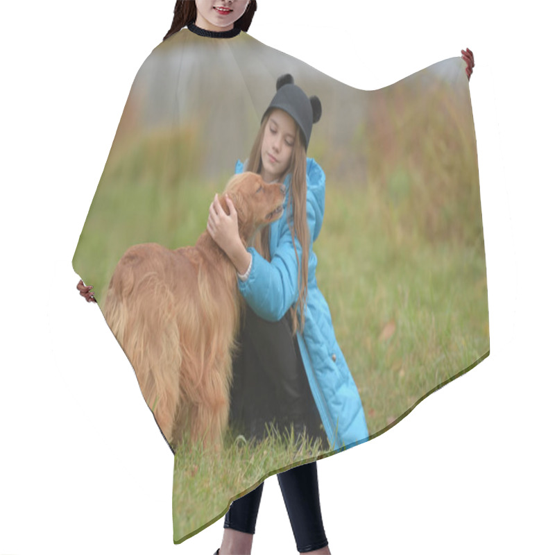 Personality  Happy Girl In The Park With A Spaniel In The Fall By The Lake Hair Cutting Cape