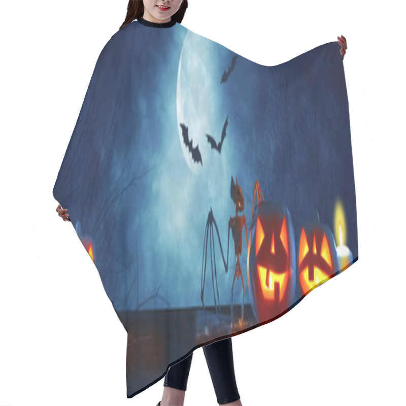 Personality  Halloween Holiday Concept Banner. Pumpkins Over Wooden Table At Night Scary, Haunted And Misty Forest Hair Cutting Cape