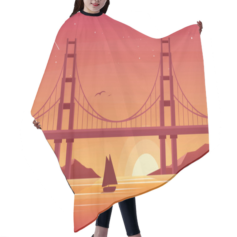 Personality  Bridge And Boat At Sunset Flat Vector Illustration. Beautiful San Francisco Landscape, Pleasure Boat With Golden Gate Bridge On Background. Sailboat Silhouette At Dusk. Picturesque Evening View. Hair Cutting Cape