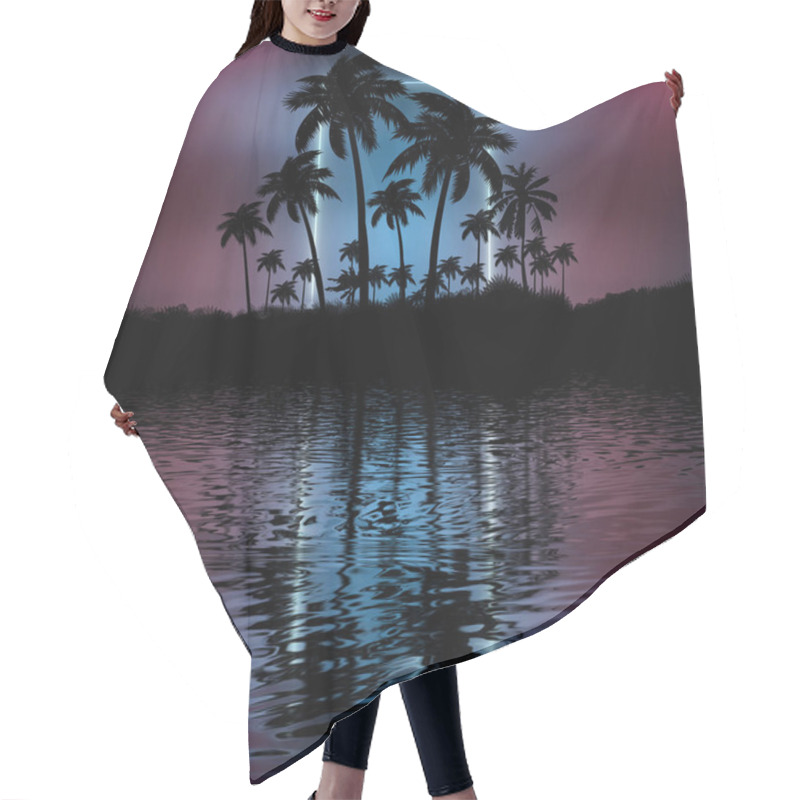 Personality  Night Landscape With Palm Trees, Against The Backdrop Of A Neon Sunset, Stars. Silhouette Coconut Palm Trees On Beach At Sunset. Space Futuristic Neon Landscape. Beach Party. 3D Illustration. Hair Cutting Cape