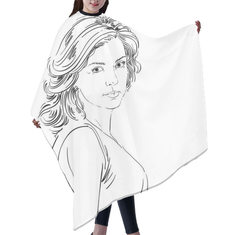 Personality  Sketch Portrait Of Beautiful Confident Woman Hair Cutting Cape