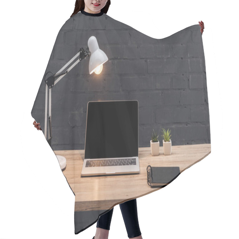 Personality  Modern Workplace With Laptop With Blank Screen, Plants, Bright Lamp And Notebook On Wooden Table Near Black Brick Wall Hair Cutting Cape