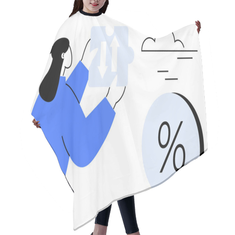 Personality  Woman Holding Puzzle Piece With Upward And Downward Arrows Near Large Percentage Symbol And Cloud. Ideal For Business Strategy, Finance, Analysis, Problem-solving, Market Trends, Economic Impact Hair Cutting Cape