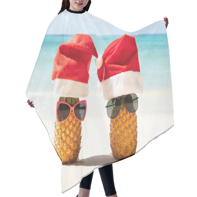 Personality  Close-up Of Santa Hats And Sunglasses Over The Two Pineapples On Sand At Beach Hair Cutting Cape