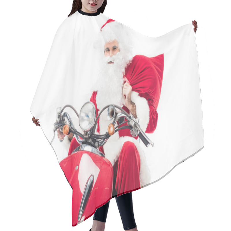 Personality  Santa Claus In Costume Holding Christmas Sack And Riding On Scooter Isolated On White Background  Hair Cutting Cape