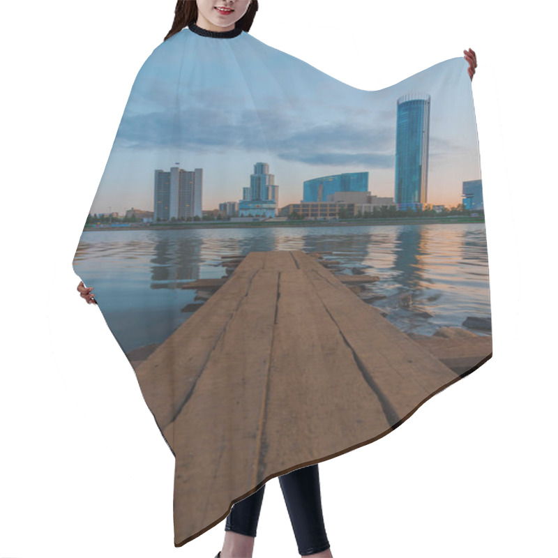 Personality  View Of The Wooden Pier On The City Pond And Skyscrapers Of Yekaterinburg Hair Cutting Cape